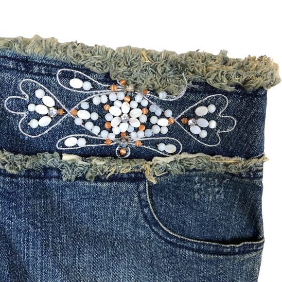 INC Denim Mini Skirt Sz 6 Blue Jean Fringe Embroidered Beaded Y2K Stretch - Picture 3 of 9